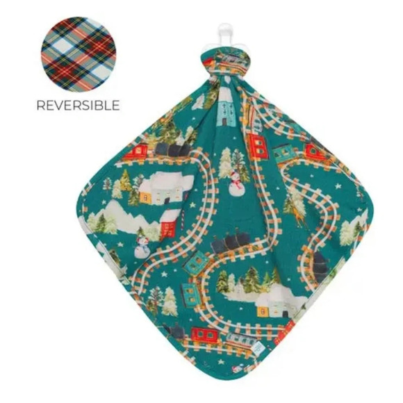 NEW Posh Peanut Lovey Pacifier Blanket Reversible Holiday Train Plaid NWOT - Picture 1 of 9